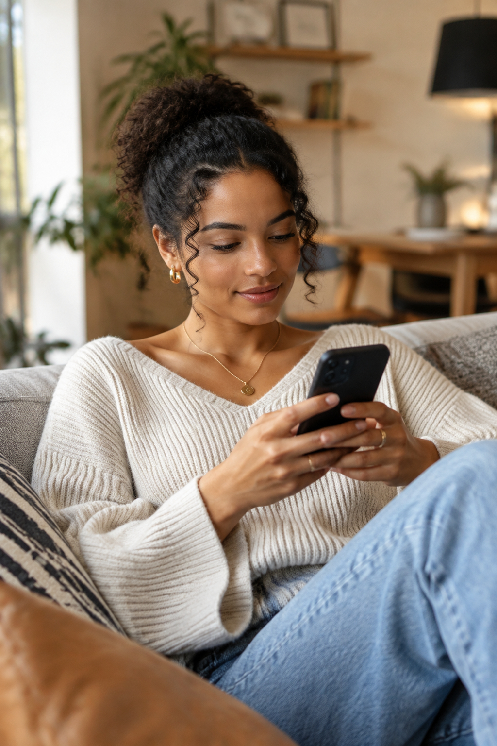 Vrouw kijkt op haar telefoon